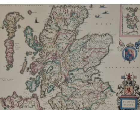 After Willem and Johan Blaeu (16th/17th Century, Dutch), coloured print, A map of Scotland with coloured detail and coats of 