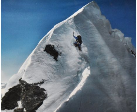 20th Century, coloured print, 'The Hillary Step of Everest, Douglas Haston Climbing', with signatures by Doug Scott (1941-202