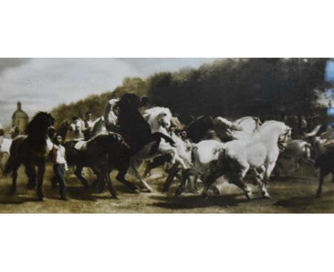After Rosa Bonheur (1822-1899, French), coloured print, 'The Horse Fair', framed and under glass, measuring 34cm x 68cm, &amp