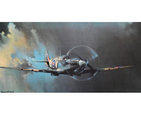 After Barrie A.F. Clark (b.1943, British), coloured print, 'Spitfire', framed, measuring 50cm x 100cm, &amp; 64cm x 114cm ove