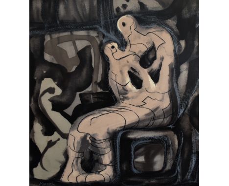 After Henry Moore (1898-1986, British), print on fabric, 'Mere Assise et Enfant', framed and under glass, measuring 81cm x 85
