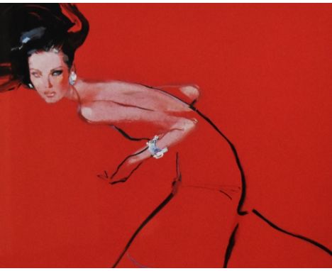 After David Downton (b.1959, English fashion illustrator), coloured print, A lady in red dress, a contemporary illustration, 