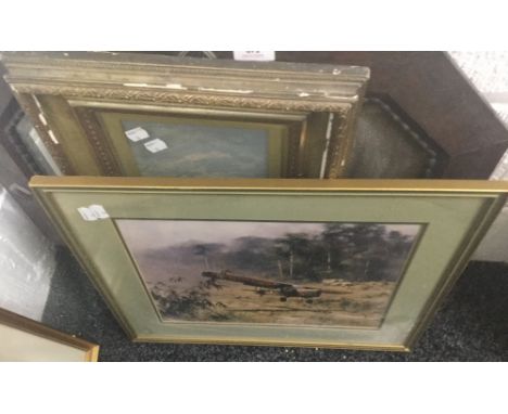 A bevelled mirror in oak frame, together with a David Shepherd print of Auster-Malaya, and a coastal oil, both framed and gla