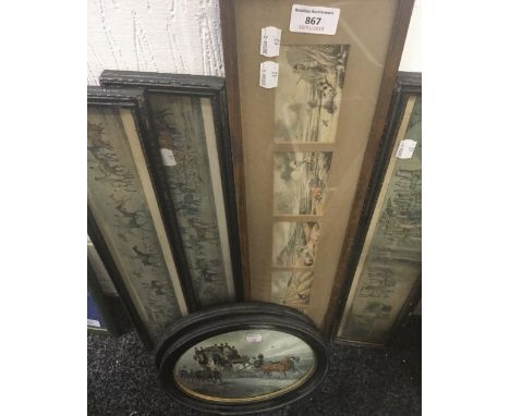 Three 19th century hunting strip prints, together with a pair of coaching prints, a shooting strip print, and a hunting print