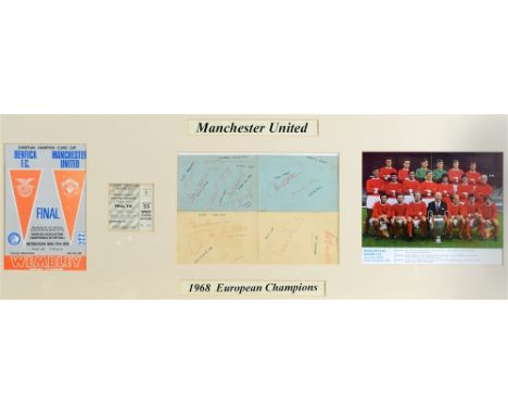 FOOTBALL - AUTOGRAPHS, MANCHESTER UNITED  A 1968 European Champions montage, comprising sixteen original signatures across tw