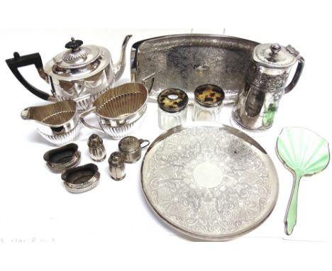 A COLLECTION OF SILVER AND PLATED ITEMS INCLUDING A GREEN ENAMELLED HAND MIRROR comprising; a silver mounted, shaped-oval gre