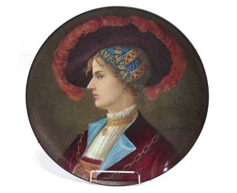 A PAIR OF LARGE 19TH CENTURY CONTINENTAL POTTERY CHARGERS  with female portrait painted decoration signed 'J PASCAULT', impre