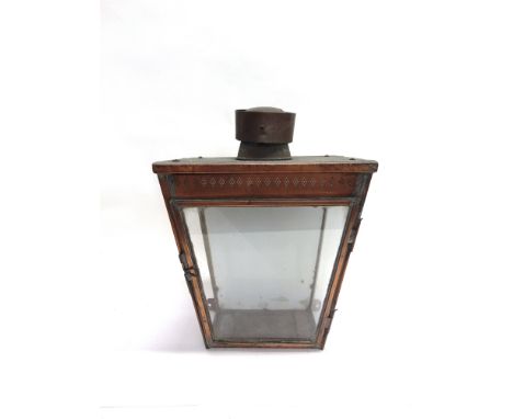 RAILWAYANA - A COPPER WALL LIGHT  of inverted tapering form, glazed to three sides (one side now lacking glazing), 54cm high.