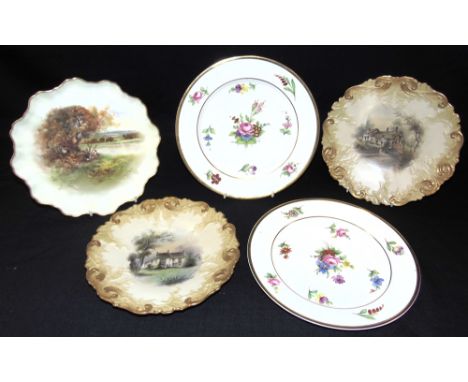 A PAIR OF ROYAL WORCESTER CABINET PLATES  painted decoration of cottages, a Royal Doulton plate with painted landscape decora