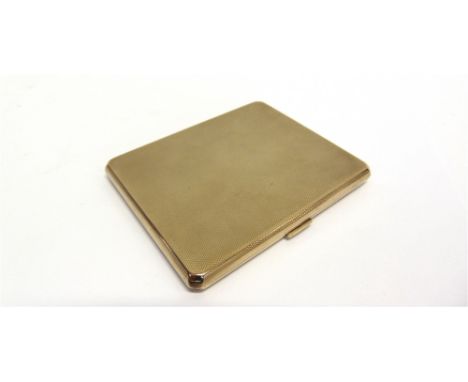 A 9CT GOLD ENGINE-TURNED RECTANGULAR CIGARETTE CASE with rounded edges and an internal presentation inscription, London 1938,