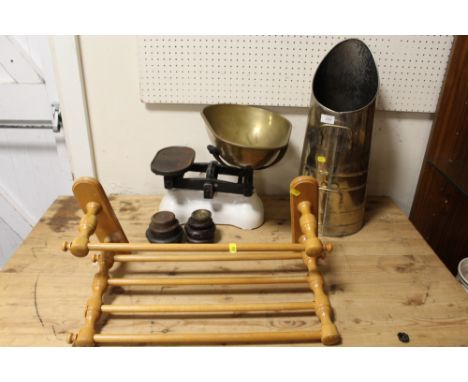 A SET OF VINTAGE SCALES AND WEIGHTS, COAL SCUTTLE AND TOWEL RAIL 