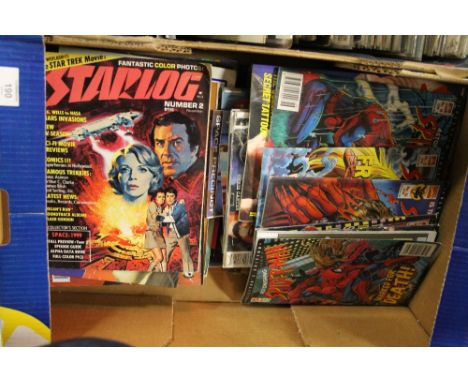 A QUANTITY OF VINTAGE AND MODERN COMICS MAGAZINES AND ANNUALS TO INCLUDE ASTONISHING SPIDERMAN, STAR TREK STAR LOG, ETC