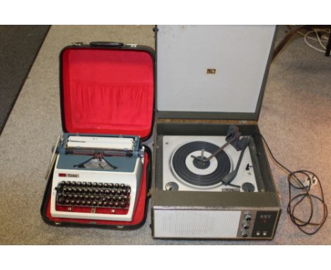 A VINTAGE HMV POTABLE RECORD PLAYER TOGETHER WITH A CASED TYPE WRITER