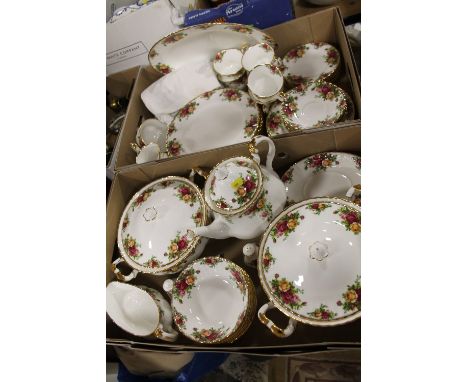 TWO TRAYS OF ROYAL ALBERT OLD COUNTRY ROSES CHINA TO INCLUDE A TEAPOT, TUREENS, CUPS AND SAUCERS ETC. 