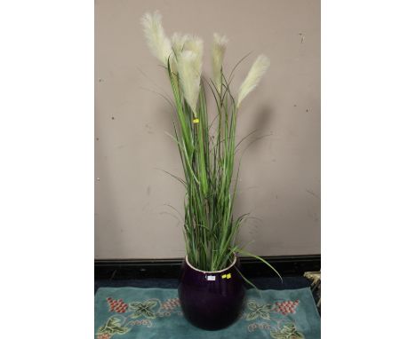 A MODERN PURPLE WOODEN PLANTER H-40 CM TOGETHER WITH AN ARTIFICIAL PLANT