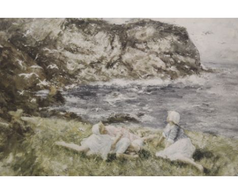 ROBERT GEMMELL HUTCHINSON (1860-1936). A rocky coastal scene with young girls resting, 'When the Guillemots Leave for the Sea