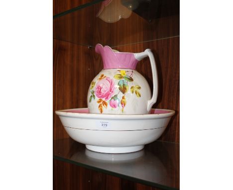 A HAND PAINTED CERAMIC JUG AND BOWL SET TOGETHER WITH A SMALL QUANTITY OF CERAMIC FIGURES ETC