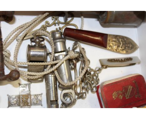 A SMALL BOX OF COLLECTABLES TO INCLUDE MILITARY WHISTLES, MINIATURE MINERS LAMP, BONE TRINKET BOX ETC