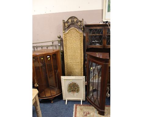 TWO 20TH CENTURY CORNER CABINETS, WICKER THREE FOLD SCREEN  TOGETHER WITH A FIRESCREEN (4)