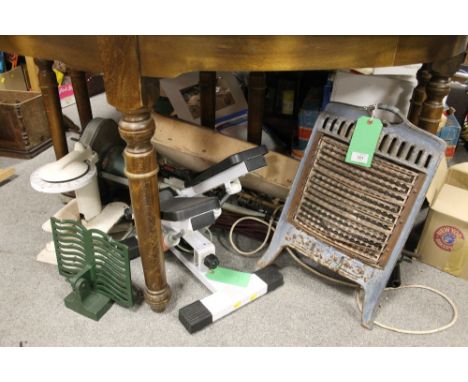 A COLLECTION OF VINTAGE ELECTRICALS ETC., to include various Hoover vacuum cleaners, an enamelled heater and weighing scales 