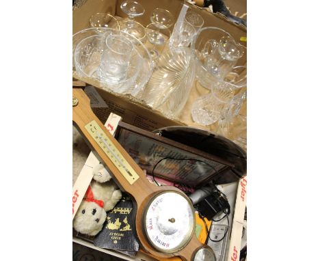 THREE TRAYS OF CERAMIC GLASSWARE AND COLLECTABLES TO INCLUDE BABYCHAM GLASSES, SMALL QUANTITY OF STAMPS ETC