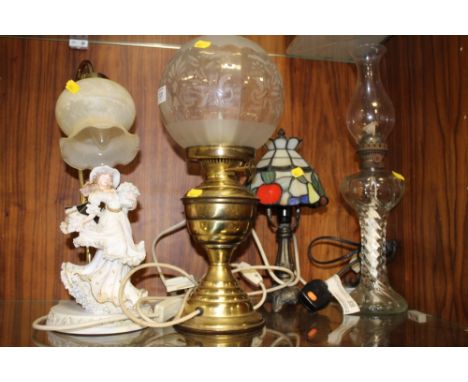 TWO CONVERTED OIL LAMPS TOGETHER WITH A SMALL TIFFANY STYLE TABLE LAMP ETC (4)