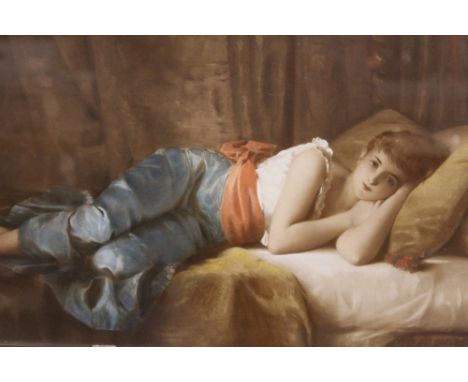 A GILT FRAMED AND GLAZED PARTIALLY OVER PAINTED PRINT OF A WOMAN RESTING BY PAUL TILLIER PICTURE SIZE - 46CM X 27CM OVERALL S