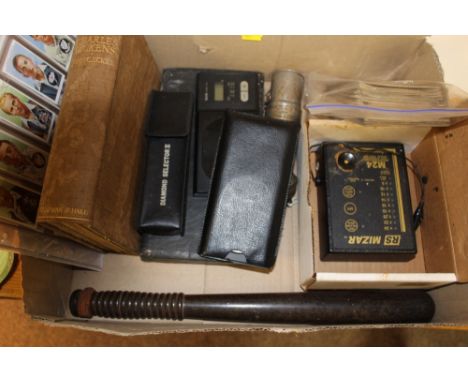 A BOX OF COLLECTABLES TO INCLUDE DIGITAL SCALES, TURNED WOODEN TRUNCHEON, POST AND CIGARETTE CARDS ETC. 