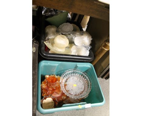 TWO BOXES OF GLASSWARE TO INCLUDE VINTAGE LIGHTSHADES, CARNIVAL GLASS ETC 