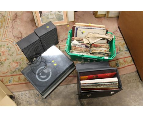 A FIDELITY UANS RECORD PLAYER WITH SPEAKERS TOGETHER WITH A BOX OF LP RECORDS AND 7" SINGLES AND A CASE OF ELVIS PRESLEY LP'S