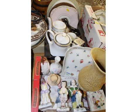 TWO TRAYS OF ASSORTED CERAMICS TO INCLUDE A PARAGON KENSINGTON TEAPOT, PALISSY GAME SERIES PLATES ETC