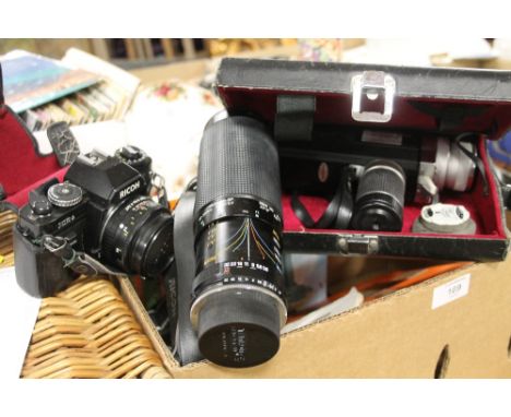 A QUANTITY OF VINTAGE CAMERAS AND ACCESSORIES TO INCLUDE AKAI PVSC100E RICOH XR6, TAMRON LENS ETC