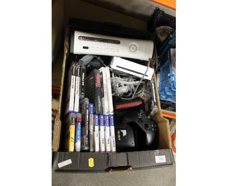 A TRAY OF GAMES CONSOLES AND ACCESSORIES TO INCLUDE A SEGA MEGADRIVE CONSOLE, NINTENDO WII CONSOLE, XBOX 360  ETC 