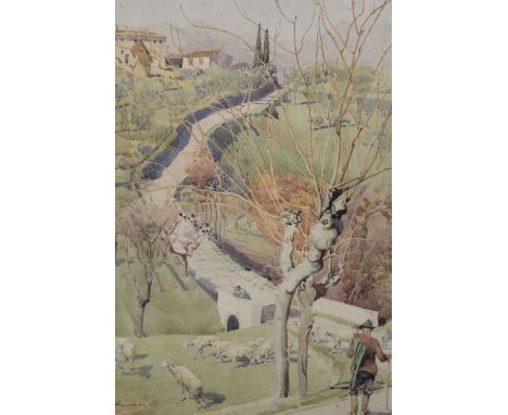 ARTHUR GAIR WILKINSON (1882-1957). Wooded Continental scene with figures, sheep and buildings, mountains beyond, 'A Tuscan By