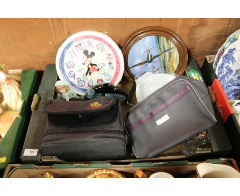 A BOX OF HOUSEHOLD SUNDRIES TO INCLUDE A LORUS MICKEY MOUSE CLOCK, POOLE ANIMAL FIGURES 