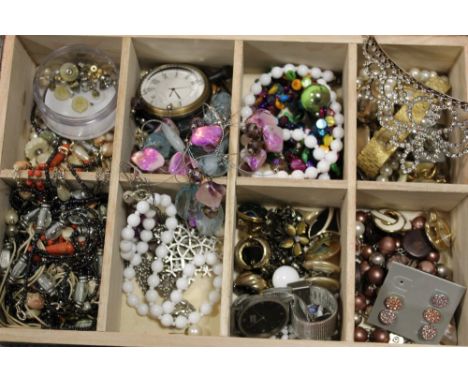 A BOX OF COSTUME JEWELLERY, WRISTWATCHES, POCKET WATCH ETC. 