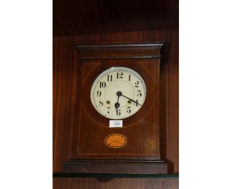 AN EDWARDIAN MAHOGANY INLAID MANTEL CLOCK,  H 42.5 cm