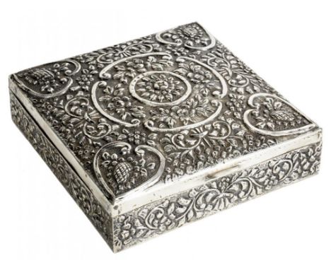 AN EGYPTIAN SILVER REPOUSSE BOX with slightly domed lid and all four sides with stylised flowers, cedar lined, 20 x 20cm, pos