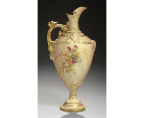 A ROYAL WORCESTER EWER, 1895 printed and painted after Edward Raby with wild flowers on a shaded apricot ground, 31.5cm h, pr