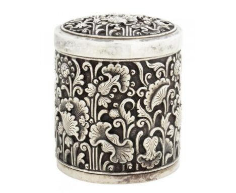 A SOUTH EAST ASIAN SILVER REPOUSSE CIGARETTE CANISTER AND COVER, MID 20TH C 8cm h, marked ZR 800, 5ozs  Provenance: Ratan Kum