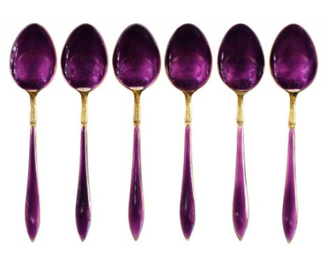 A SET OF SIX NORWEGIAN SILVER GILT AND PURPLE GUILLOCHE ENAMEL COFFEE SPOONS, EARLY/MID 20TH C 10cm, by David Andersen, maker