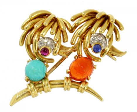 A BOUCHERON DIAMOND, RUBY, SAPPHIRE, TURQUOISE, AMBER AND 18CT GOLD BIRDS-ON-A-BRANCH BROOCH  3.2cm, signed BOUCHERON London 