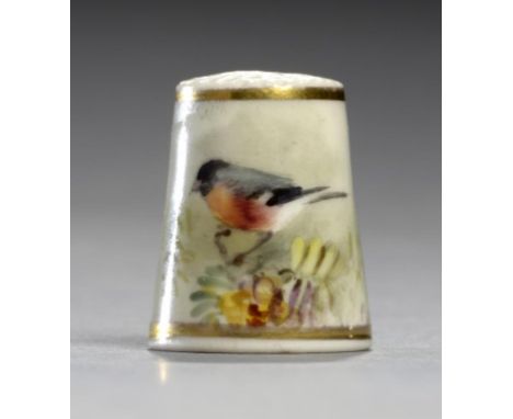 A ROYAL WORCESTER THIMBLE, 1934 painted by Powell, signed, with a bullfinch, 2.4cm, printed mark ++Fine condition 