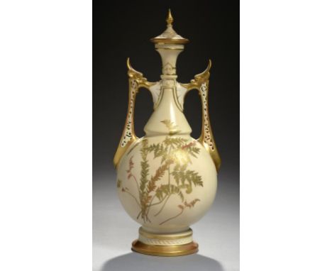A ROYAL WORCESTER VASE AND COVER, 1891   with reticulated handles, decorated with birds on a shaded apricot ground, 41cm h, p