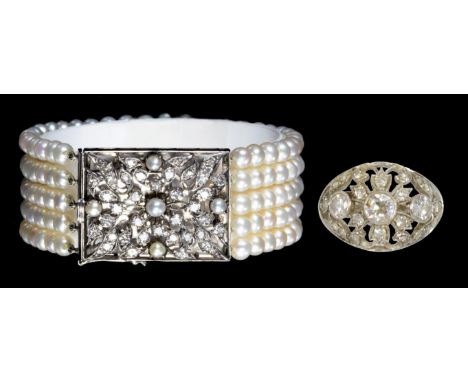 A SOUTH EAST ASIAN CULTURED PEARL FIVE STRAND BRACELET WITH DIAMOND AND CULTURED PEARL CLASP, C MID 20TH C each strand of thi
