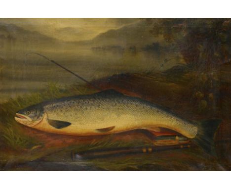 SCOTTISH SCHOOL, 19TH C  A SALMON AND ROD ON A RIVER BANK  signed Fairbairn, oil on canvas, 43 x 64cm ++Old patch repair tear