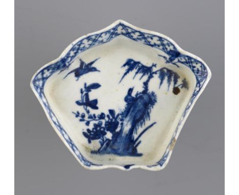A WORCESTER BLUE AND WHITE HORS D'OEUVRE TRAY, C1758-60  painted with the Willow Rock Bird pattern, 9cm w, workman's mark ++S