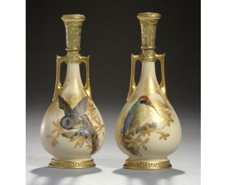 A PAIR OF ROYAL WORCESTER MINIATURE VASES, 1888  painted probably by Charles H C Baldwyn with an owl or woodpecker on an ivor