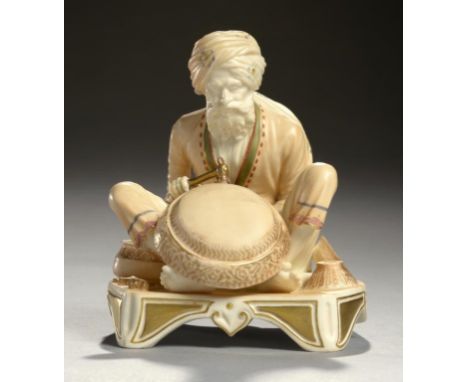 A ROYAL WORCESTER FIGURE OF HAJI MIJAK THE COPPERSMITH FROM THE INDIAN CRAFTSMEN SERIES, 1896  decorated in stained ivory and