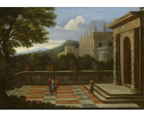 CIRCLE OF GASPARD DUGHET AN ITALIAN VILLA WITH FIGURES ON A TERRACE oil on canvas, 43 x 60cm  ++Possibly originally slightly 